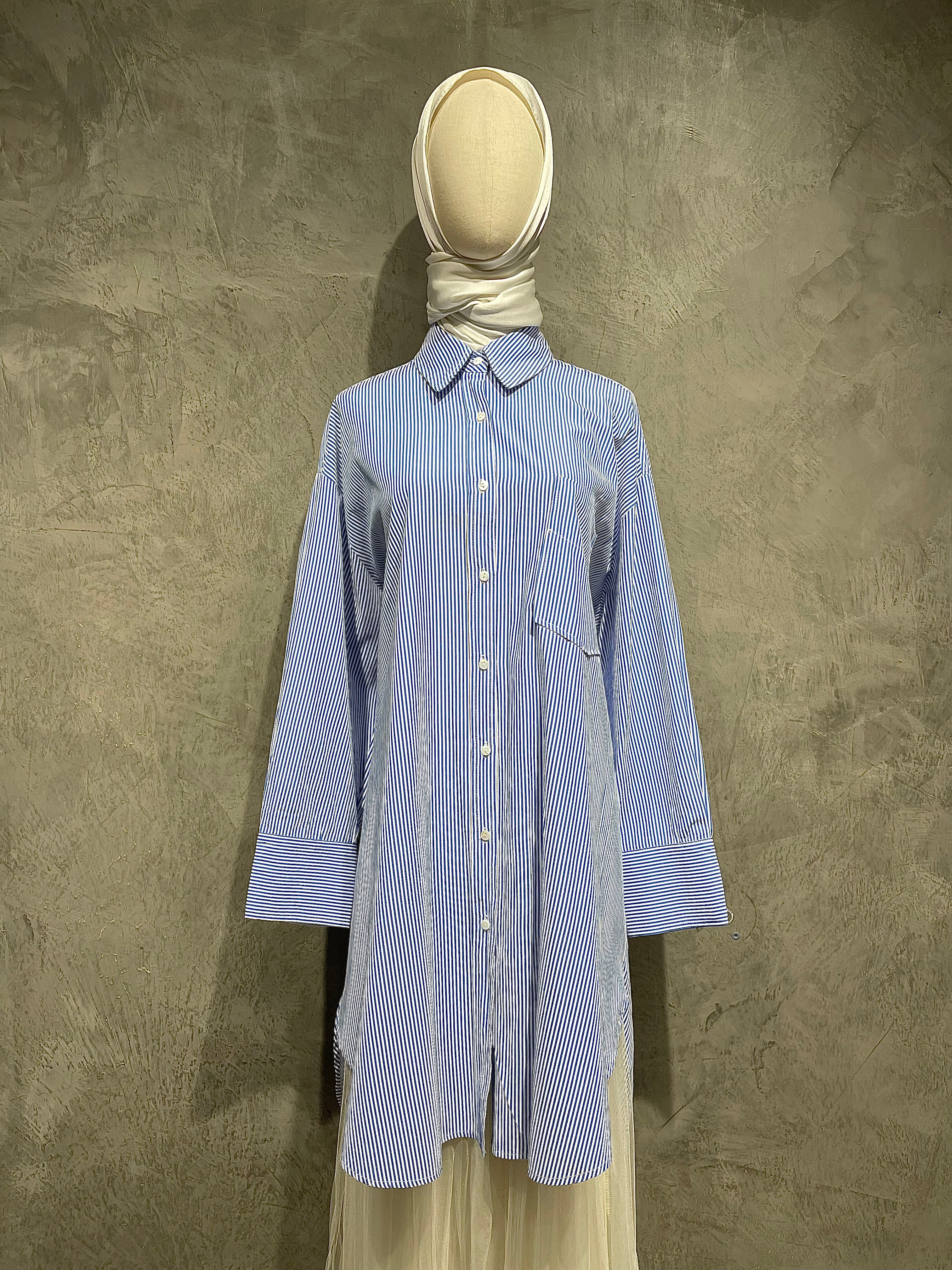 Dress Printed Stripe Full Button Blue D007
