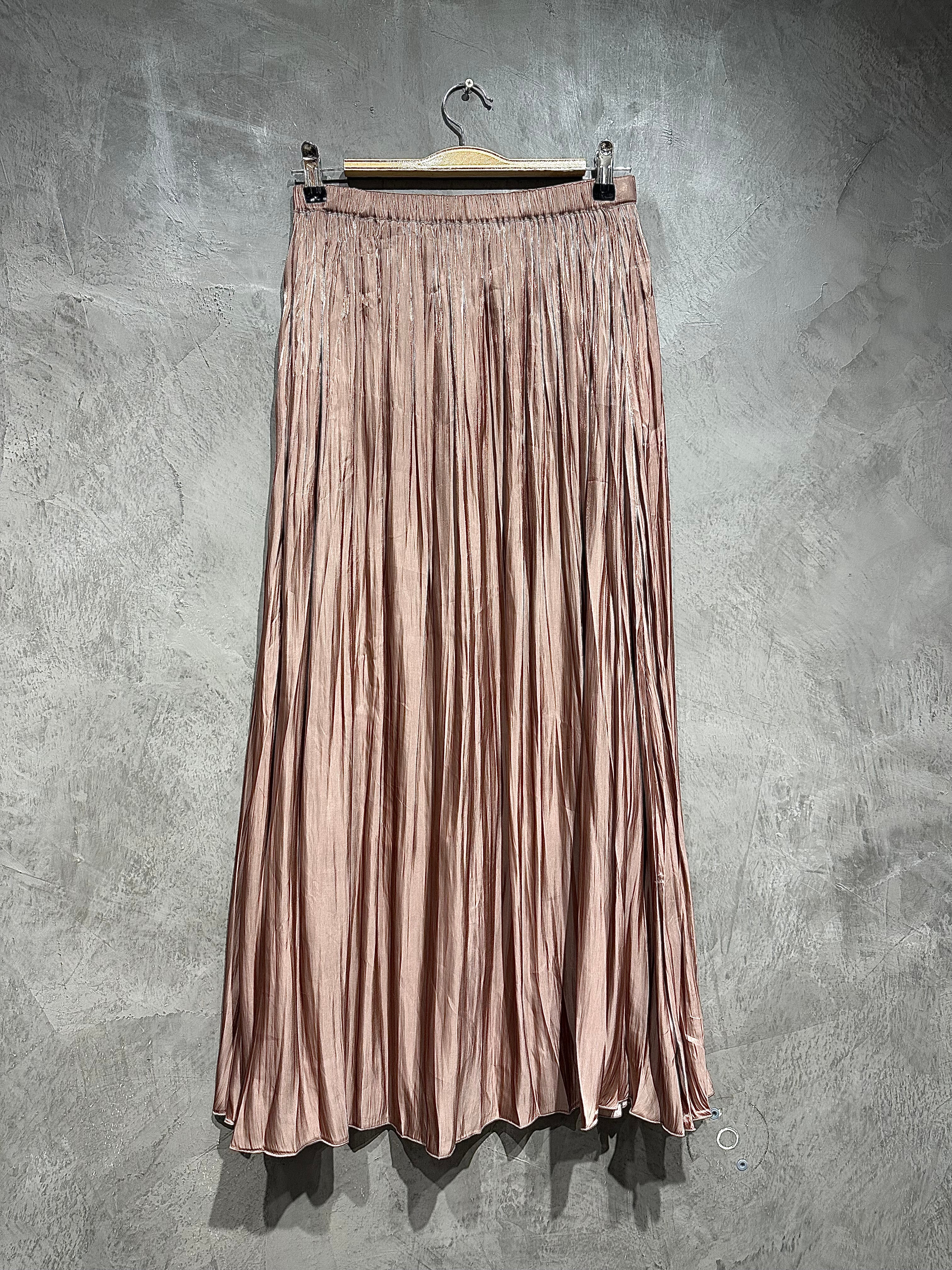 Skirt Plain Satin Silk Pleated Pink S023