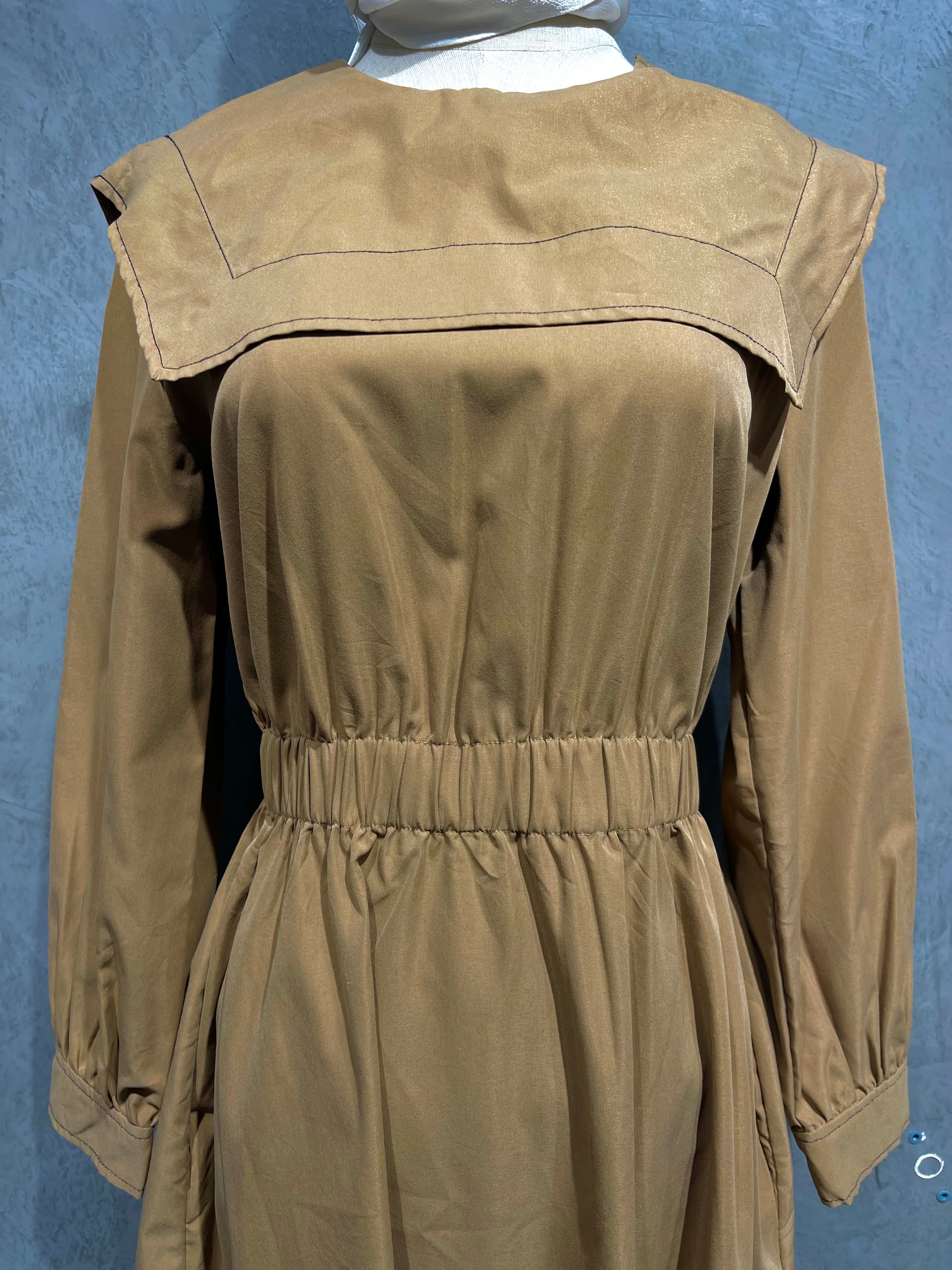 Dress Plain Ruffle With Large Sailor Collar Brown D005