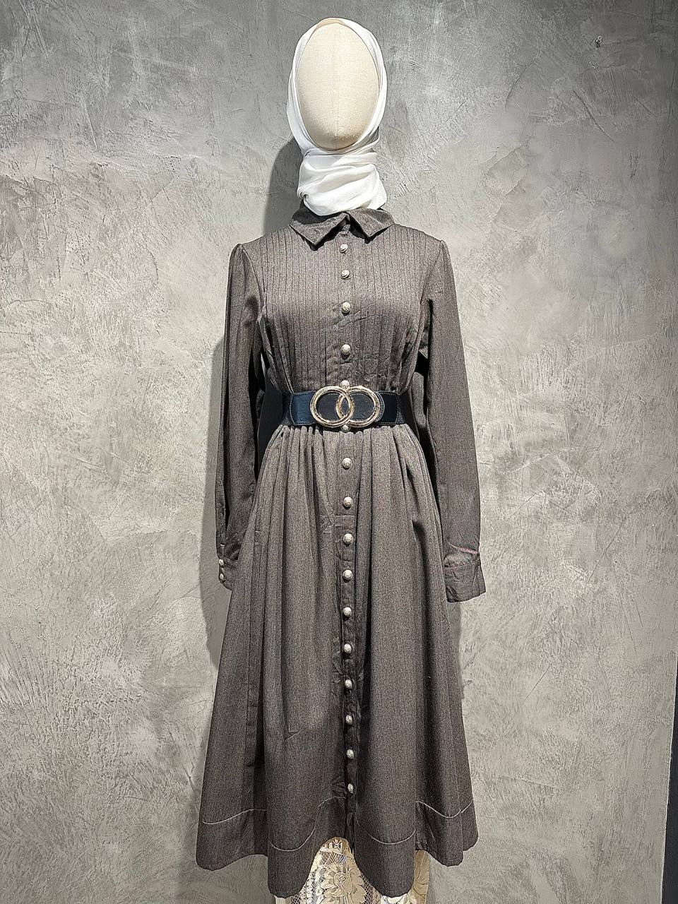 Dress Long Full Button Flowy Dark Gray D011