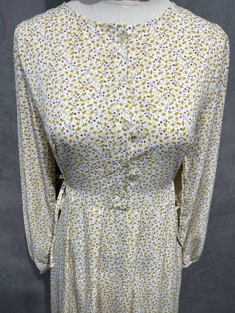 Dress Long Floral Half Button Yellow D009