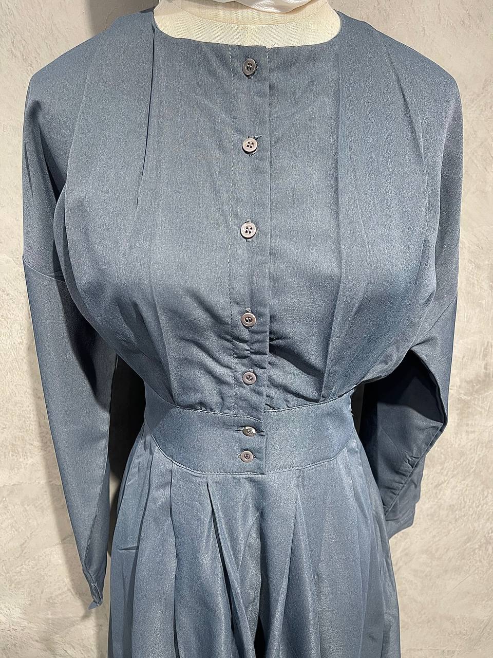 Dress Flowy Long Half Button Dark Gray D008