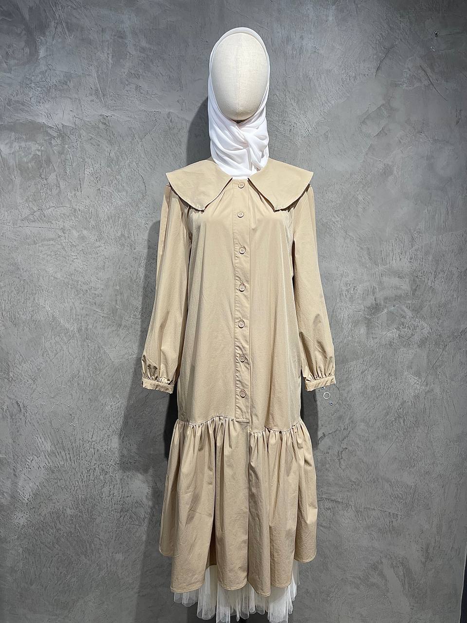 Dress Long Peter Pan Flowy Half Button Beige D015