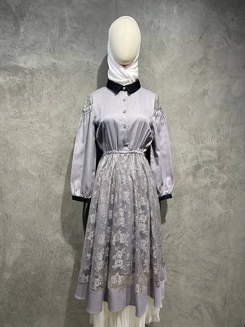 Dress Long Lace Flowy Half Button Gray D014