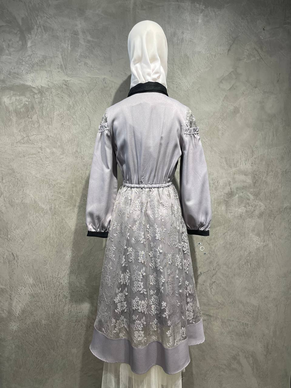 Dress Long Lace Flowy Half Button Gray D014