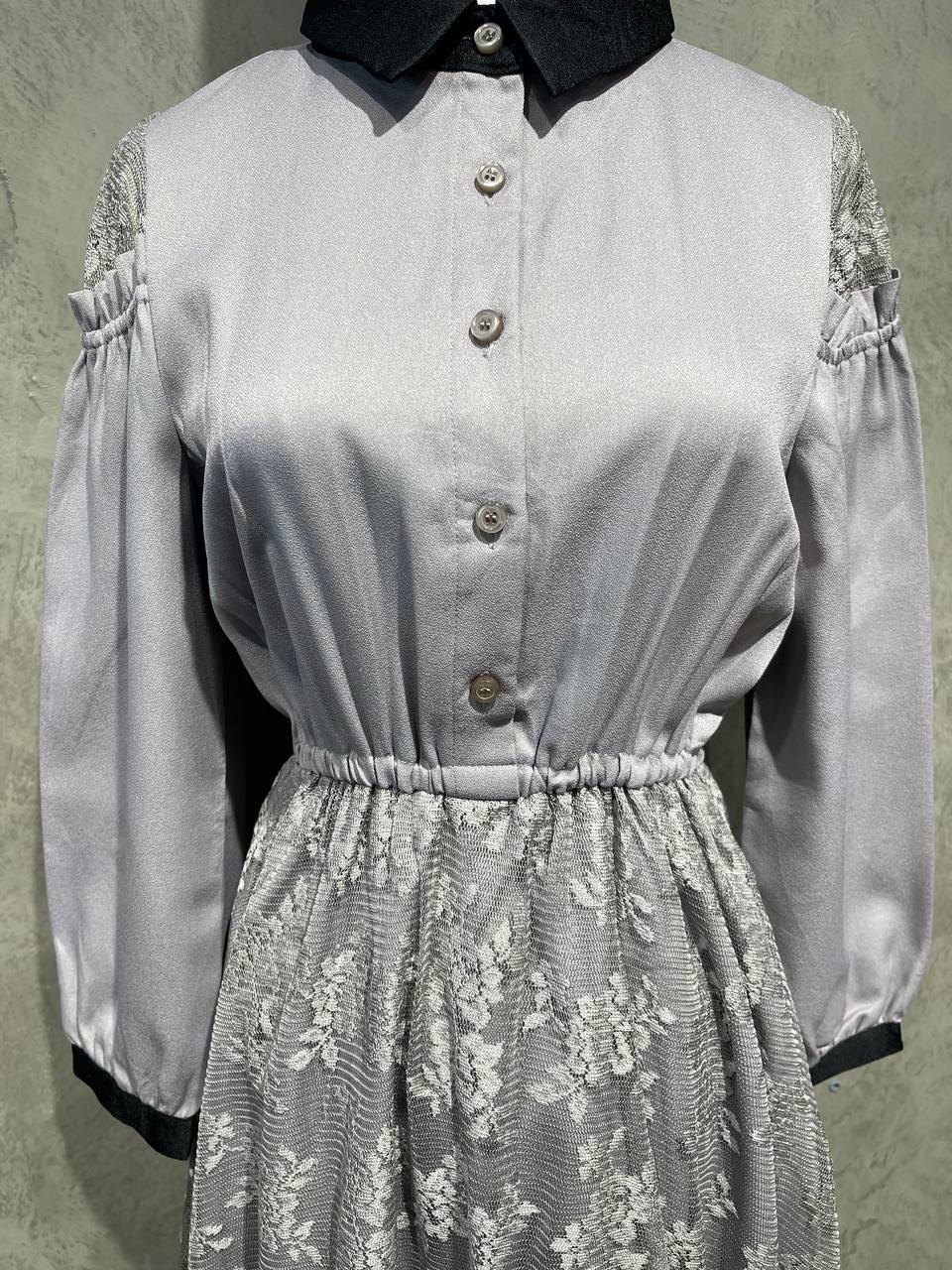 Dress Long Lace Flowy Half Button Gray D014