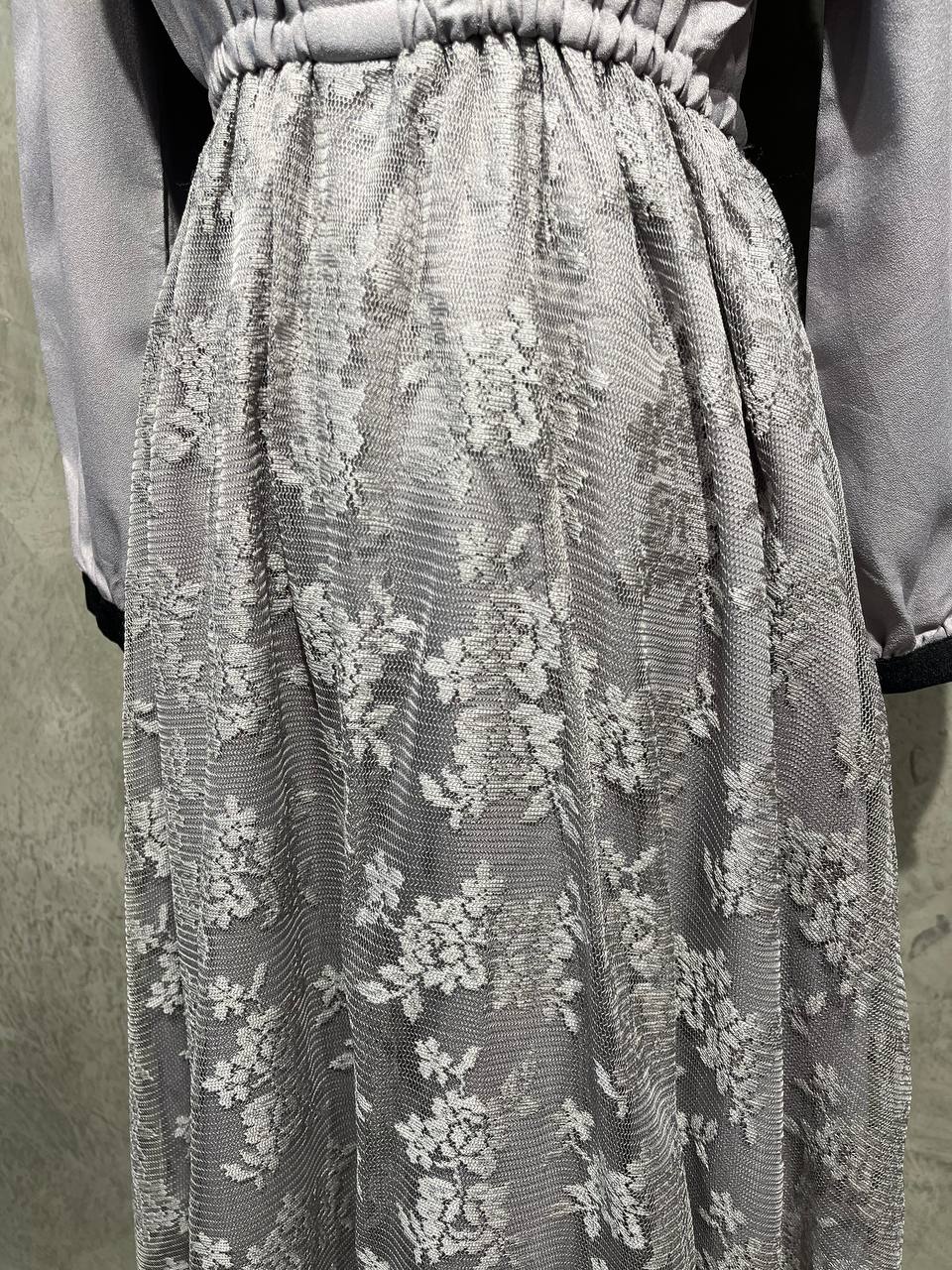 Dress Long Lace Flowy Half Button Gray D014