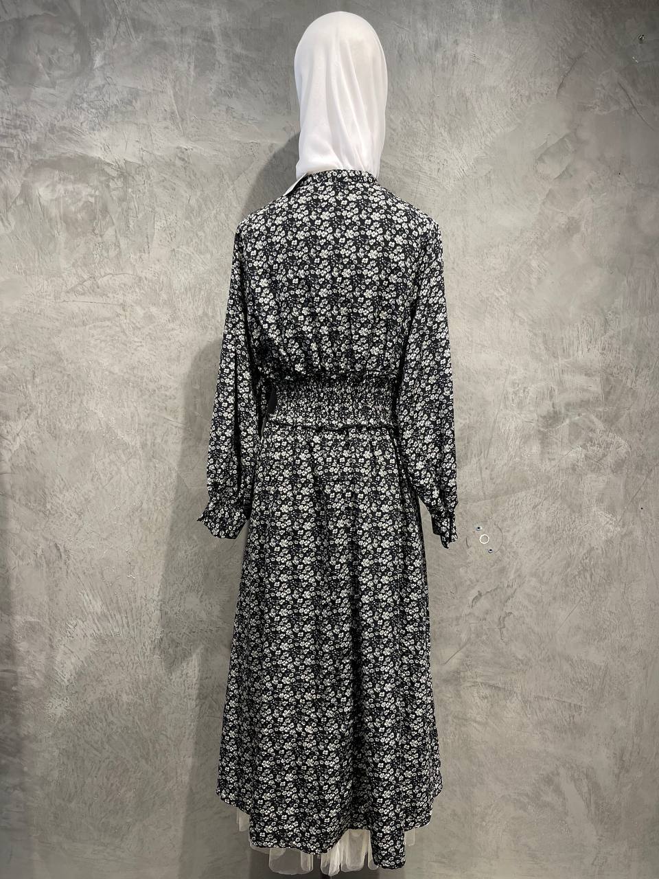 Dress Long Flowy Floral Half Button Black D020