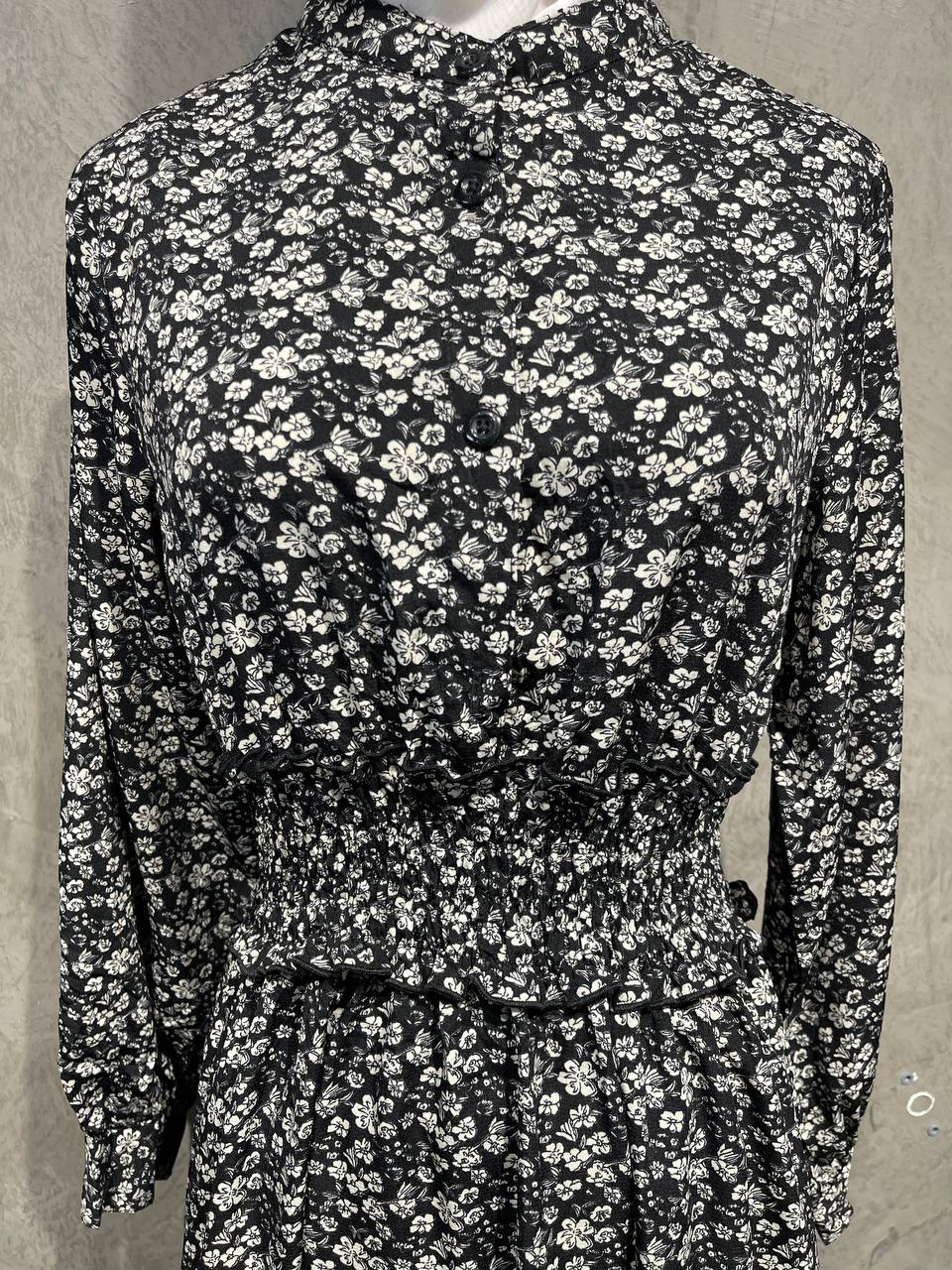 Dress Long Flowy Floral Half Button Black D020