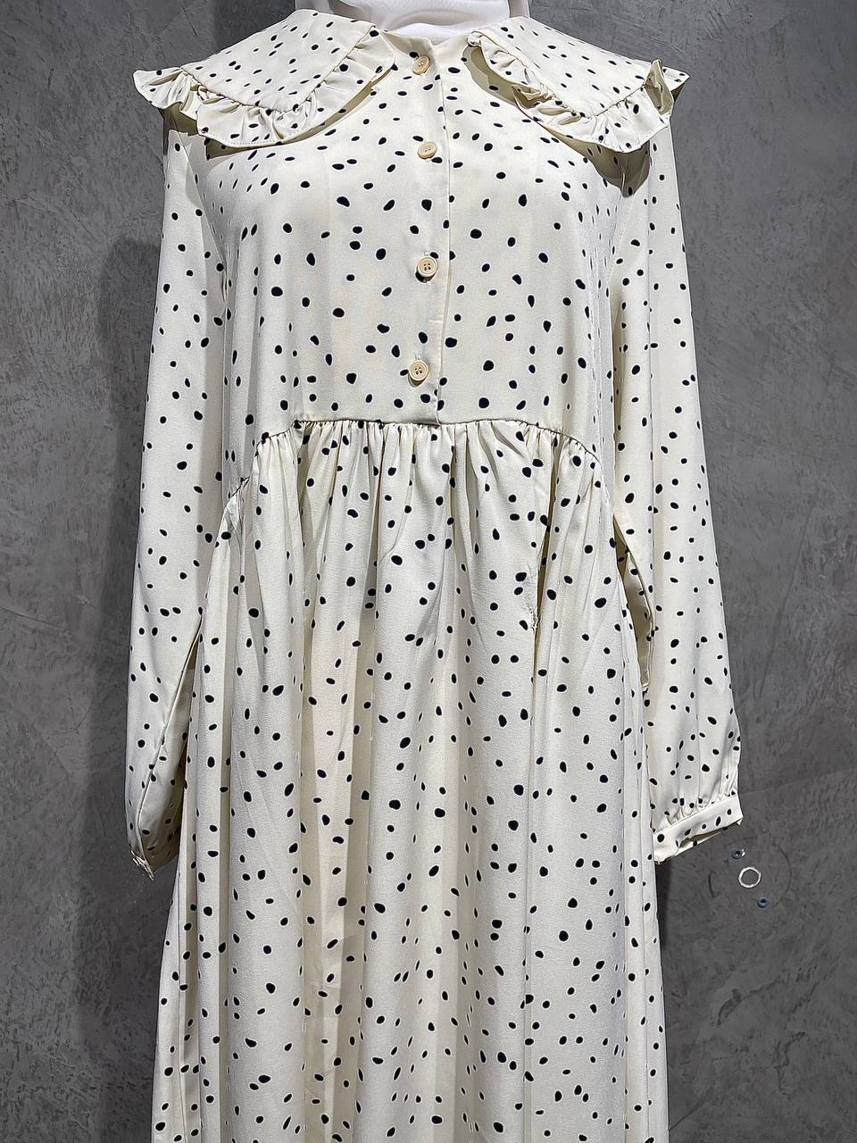 Dress Polkadot Peter Pan Half Button Beige D023