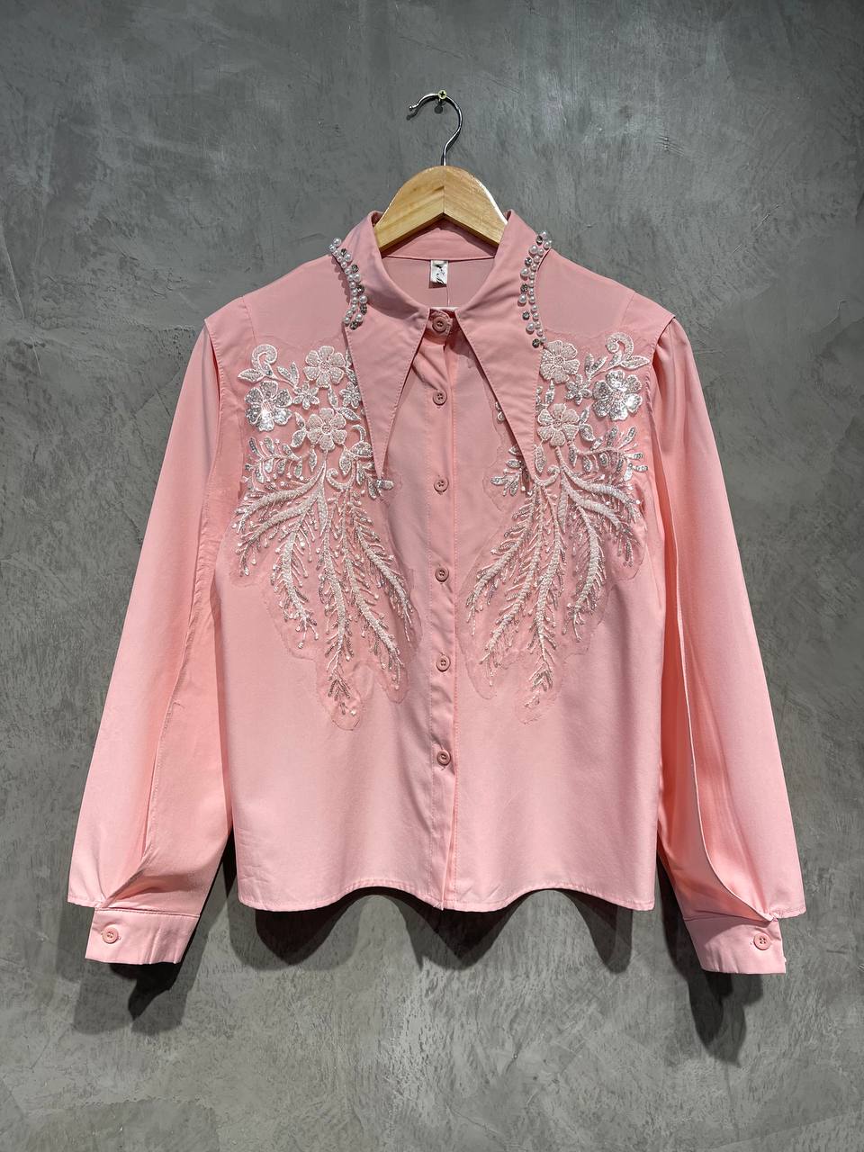 Blouse Beads Detailing Balloon Sleeved Pink B150