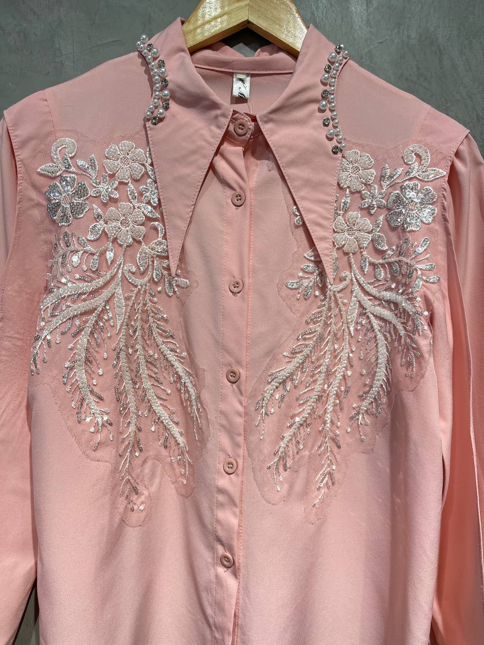 Blouse Beads Detailing Balloon Sleeved Pink B150