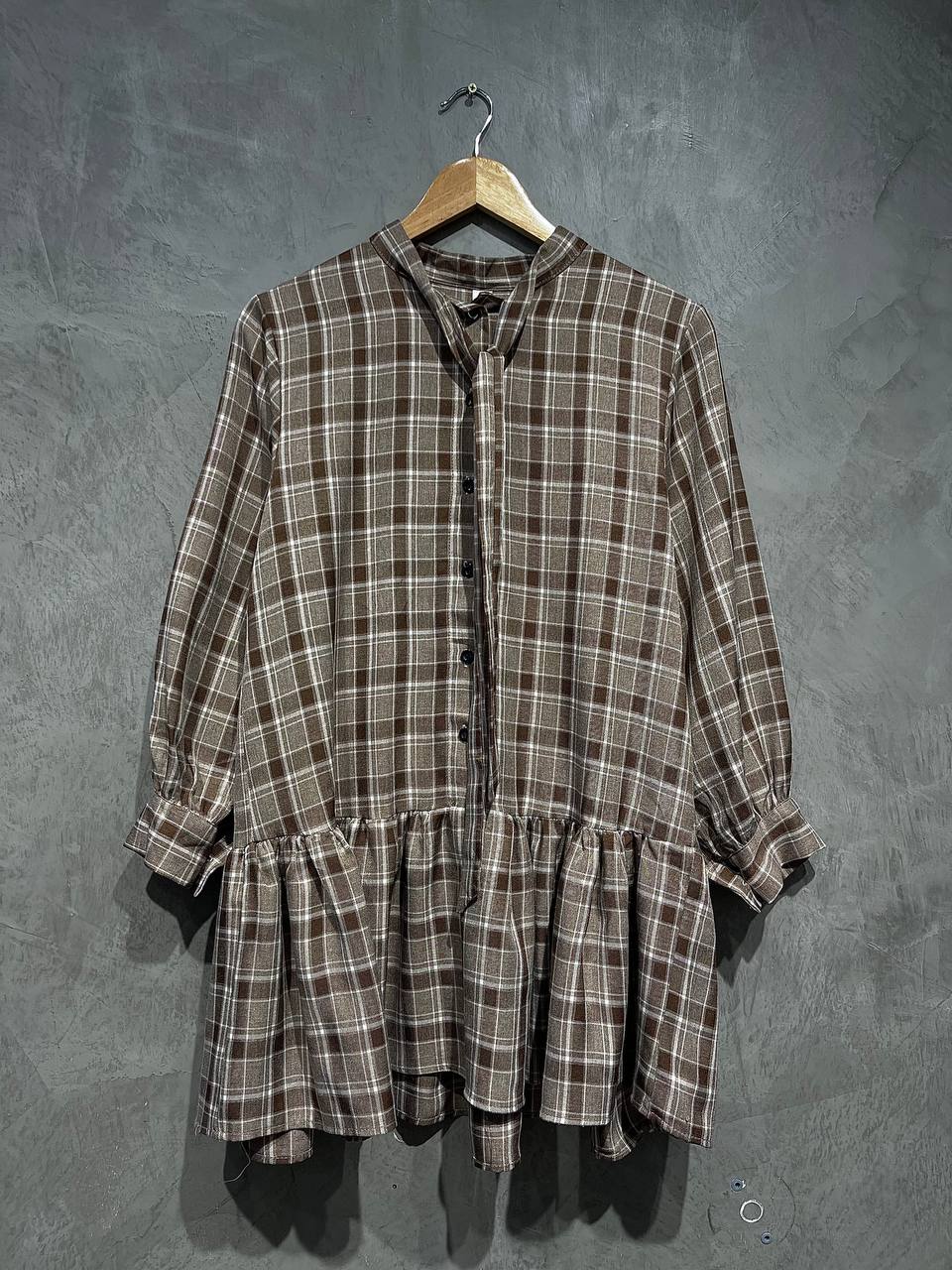 Blouse Ruffle Tie Knot Full Button Brown B163