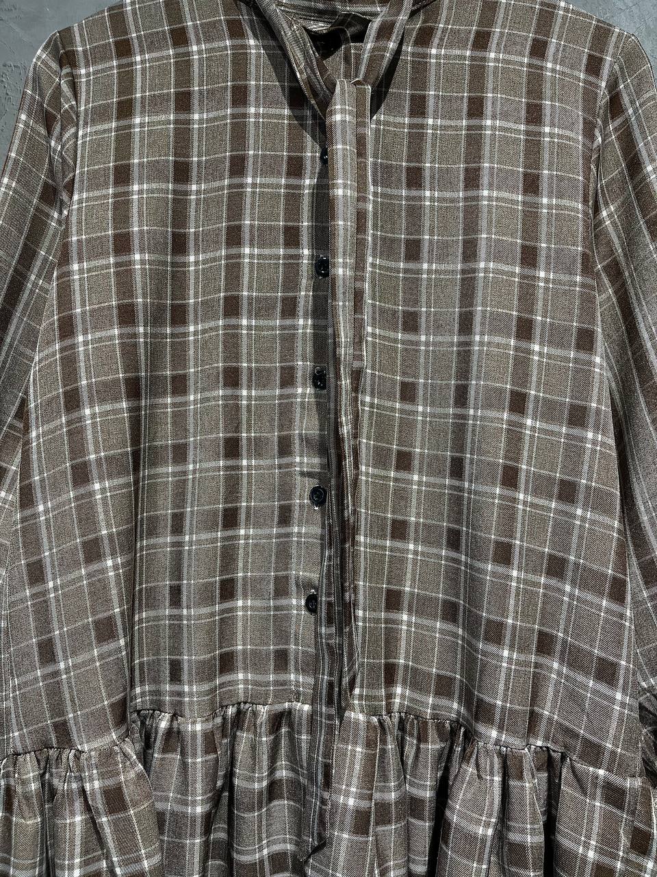 Blouse Ruffle Tie Knot Full Button Brown B163