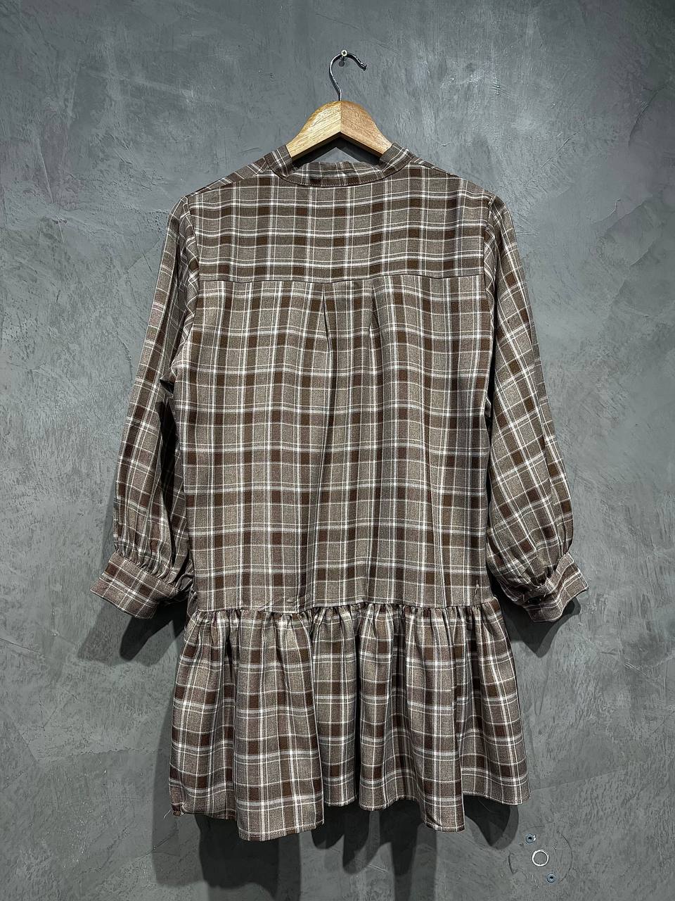 Blouse Ruffle Tie Knot Full Button Brown B163