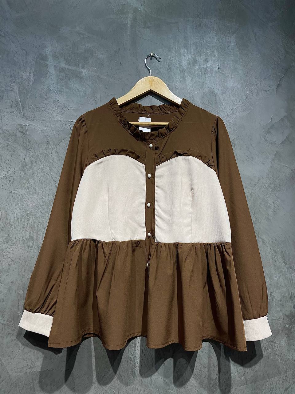Blouse Extender Full Button Ruffle Flowy Brown B155