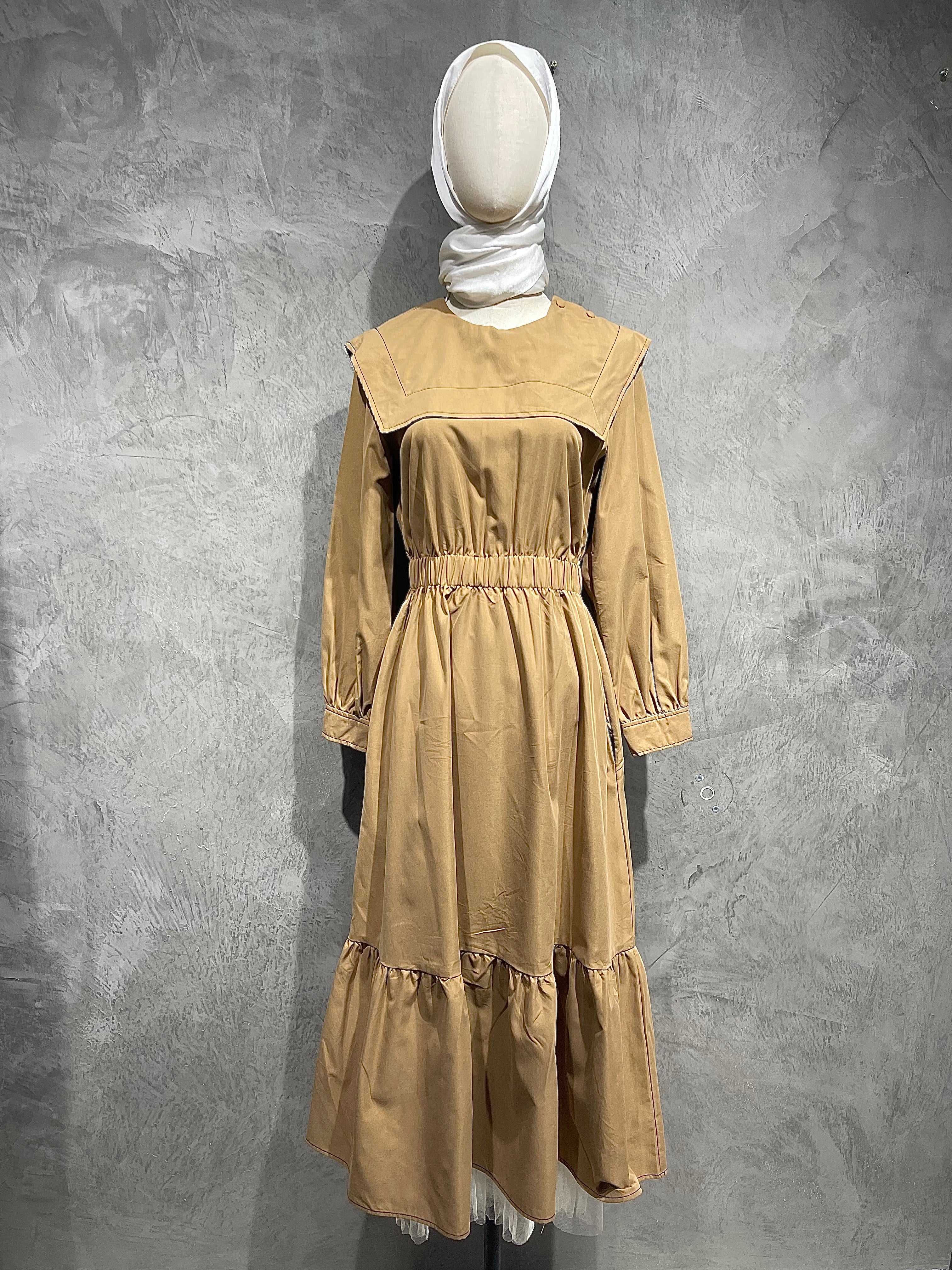 Dress Plain Ruffle With Large Sailor Collar Brown D005