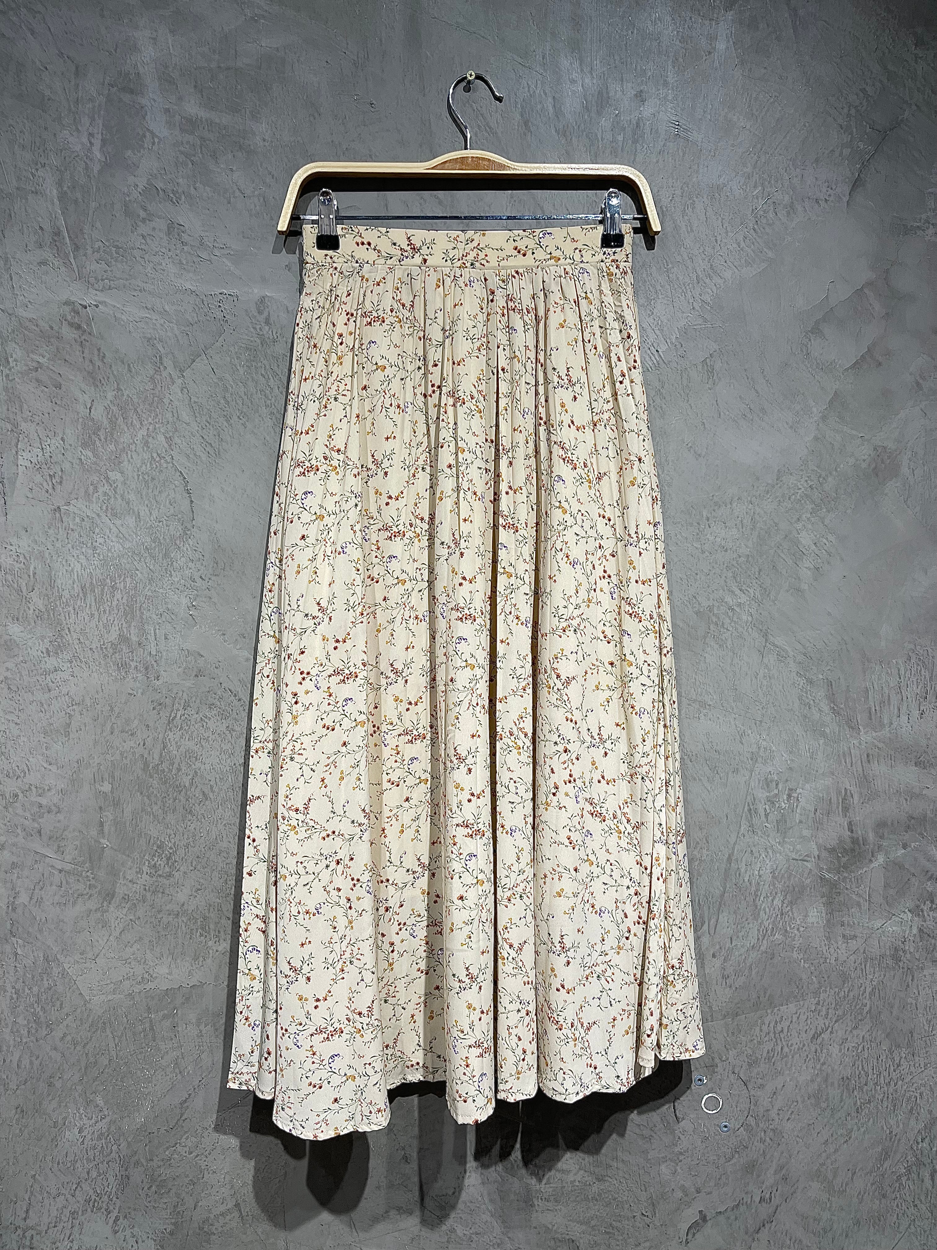 Skirt Printed Floral Pleated Beige S006
